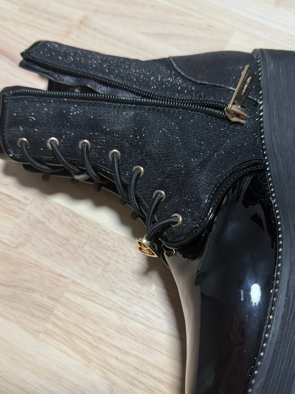 Michael Kors Black Patent Lace-Up Combat Boots with Gold Heart Detail
